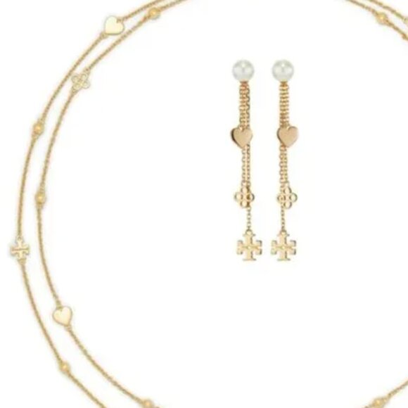Beautiful Tory Burch Gold Layered Kira Linear Necklace and Earring Set - Picture 1 of 8